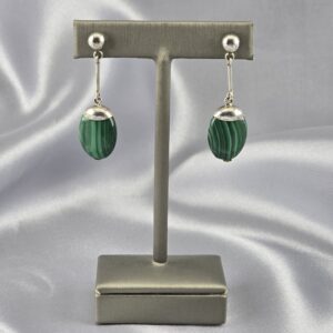 Aros Colgantes Ovalados en Malaquita Natural y Plata